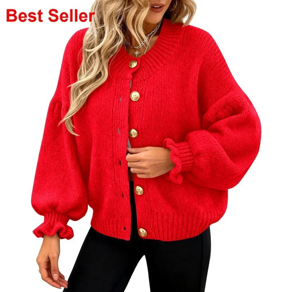 Cropped Chunky Knit Cardigan with Ruffle Sleeves, Mock Neck, Button Front